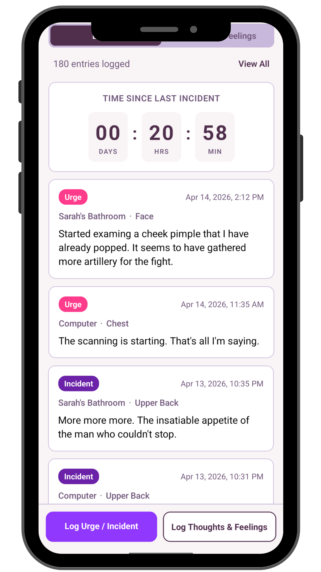 UrgeWise incidents and urges